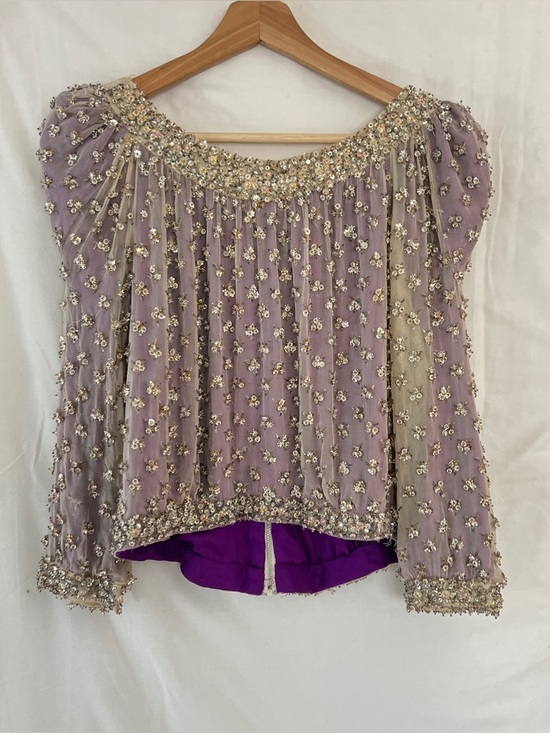 Vintage Tops - Vintage 60s Beaded Silk Chiffon Blouse Crystal Embellished Italy S